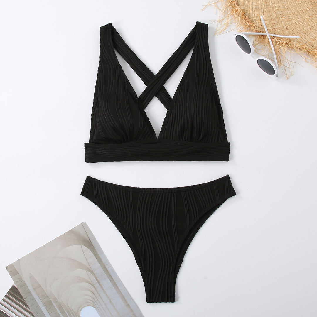 Damen Gestreifter Bikini mit raffiniertem Kreuz-Design Drune