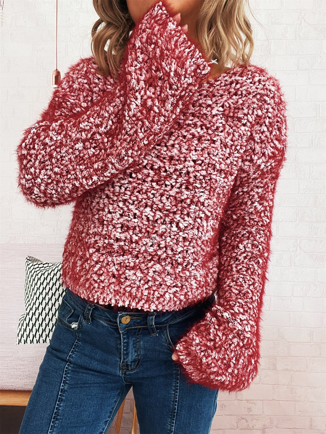 Damen kuscheliger Strickpullover mit strukturierter Oberfläche und weiten Ärmeln Drune