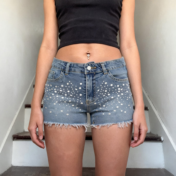 Damen Designer-Shorts mit funkelnden Strass-Steinen und fransigem Saum Drune