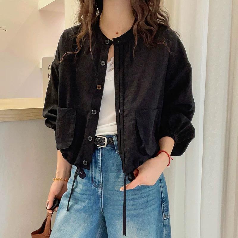 Damen lässige kurzärmelige Jacke mit Taschen und Kordelzug Drune