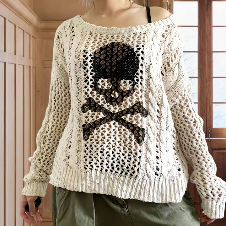Damen Oversized Strickpullover mit kreativem Lochmuster und Anker-Design Drune
