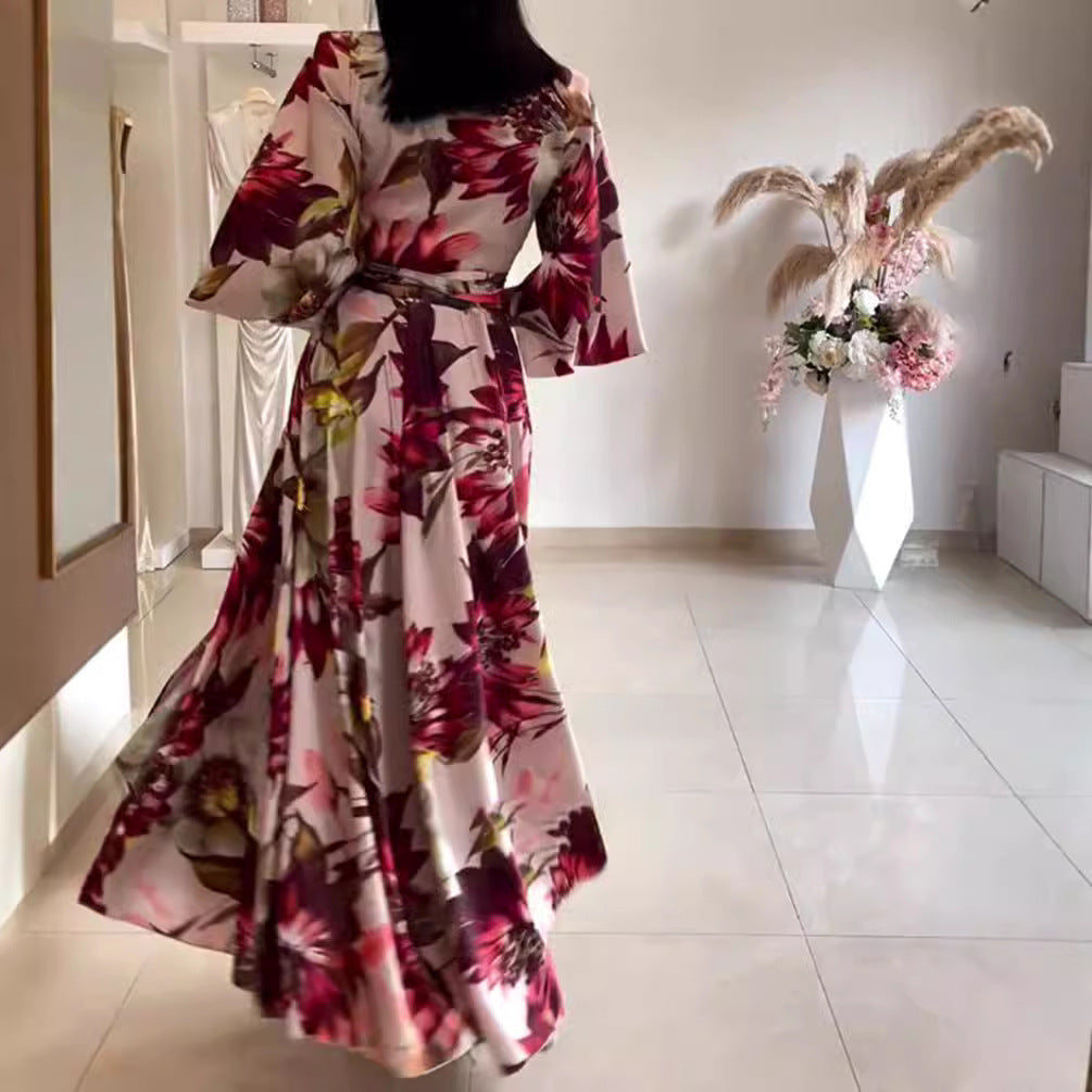 Damen elegantes Blumenkleid mit tailliertem Gürtel und weiten Ärmeln Drune