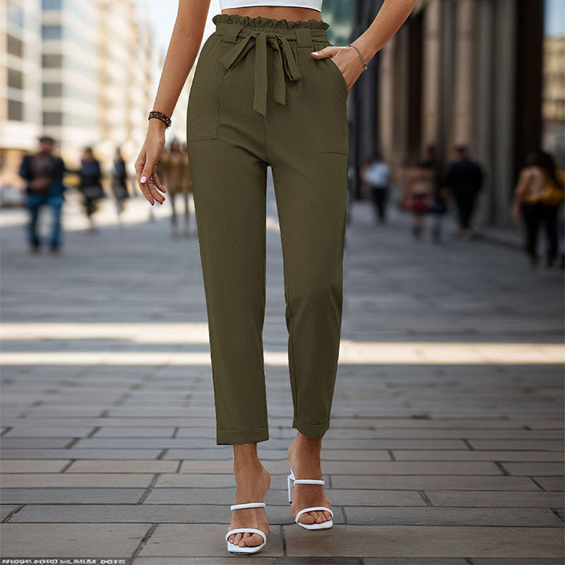 Damen elegante Bundfaltenhose mit Bindegürtel Drune