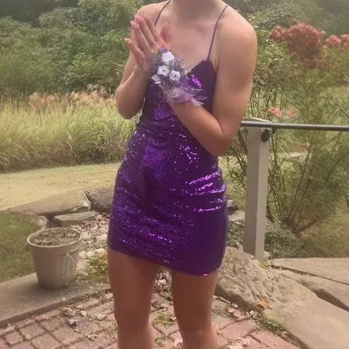 Damen Glitzerndes Minikleid mit tiefem V-Ausschnitt und Spaghettiträgern Drune