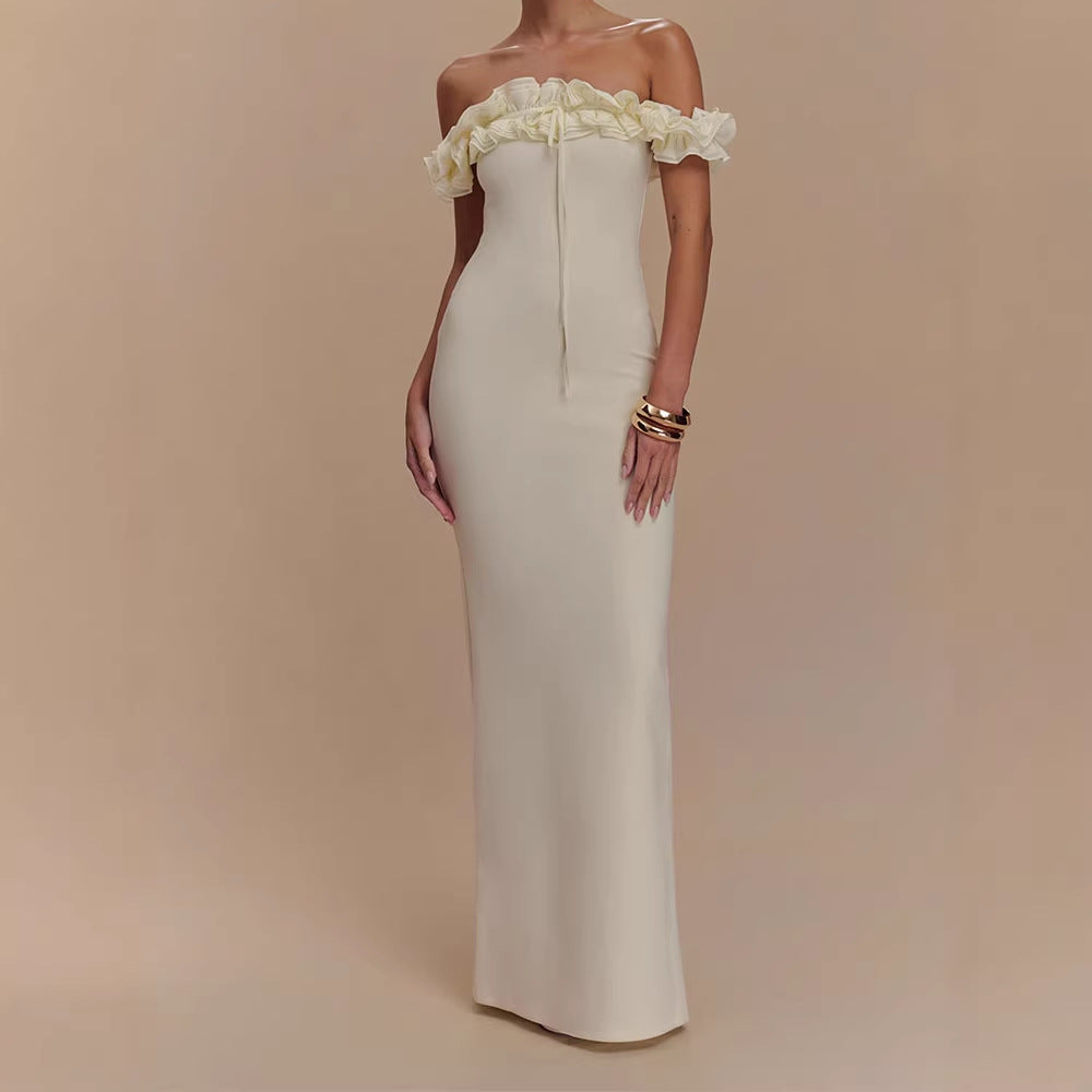 Damen Elegantes, schulterfreies Maxikleid mit Rüschendetails Drune