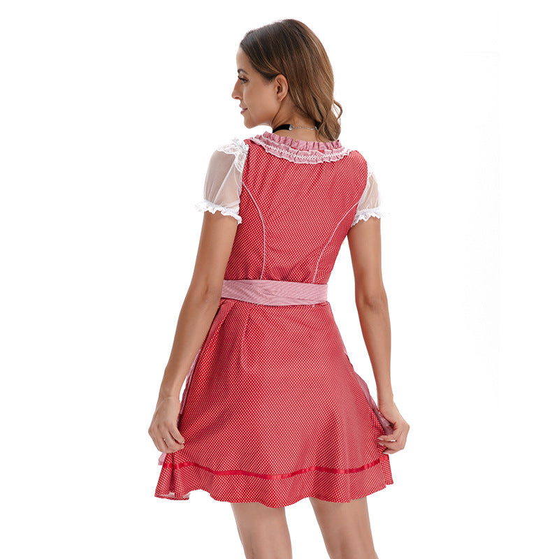 Damen nan kurzes traditionelles Dirndlkleid mit Korsett-Schnürung Spitzendetails und bindbarer Schürze Drune