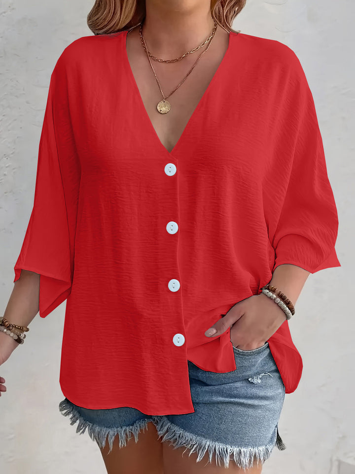 Damen Viskose Oversize-Bluse mit V-Ausschnitt und Knopfdetails Drune