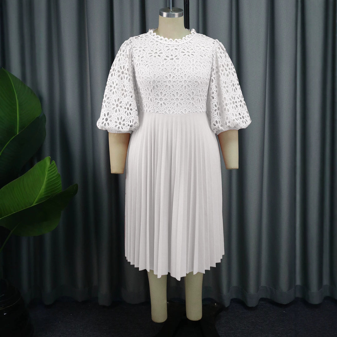 Damen elegantes Midikleid mit Spitzenoberteil und plissiertem Rock Drune