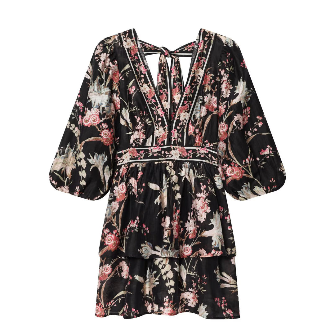 Damen Boho-Kleid mit voluminösen Ärmeln und romantischem Blumenmuster Drune