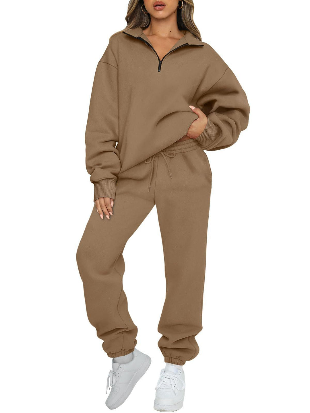 Damen nan Halbzip-Loungewear-Set mit übergroßem Kragenpullover und taillierter Jogginghose mit elastischem Bund Drune