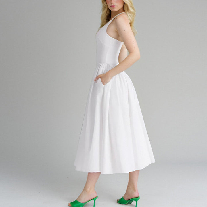 Damen Maxikleid mit tiefem V-Ausschnitt und fließendem Rock Drune