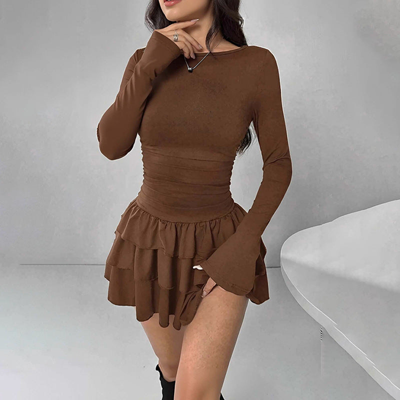 Damen Mini-Kleid mit voluminösem Rüschensaum und langem Arm Drune