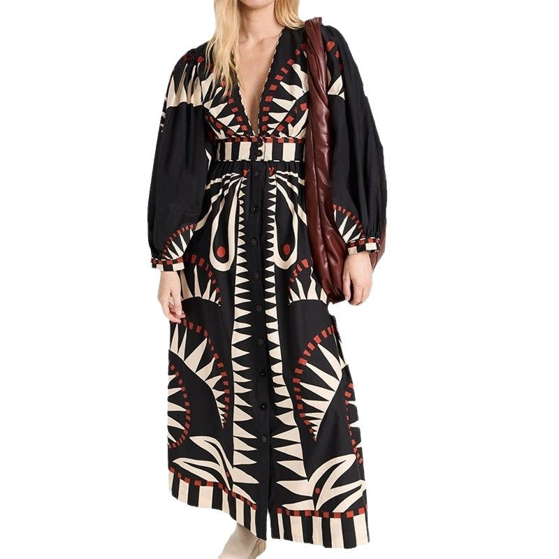 Damen Maxikleid mit ausgefallenem geometrischem Muster und eleganter Knopfleiste Drune