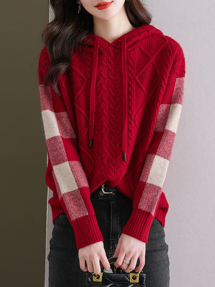 Damen Strickpullover mit Kapuze und modischem Karomuster Drune