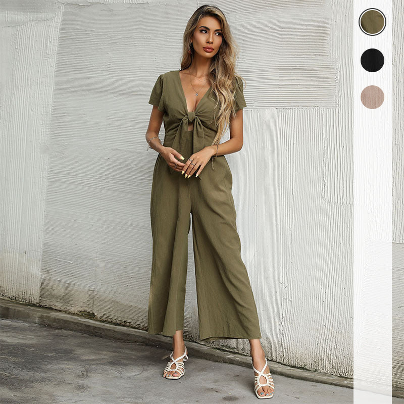 Damen eleganter Jumpsuit mit hochgeschlossenem Dekolleté und Knoten-Detail Drune