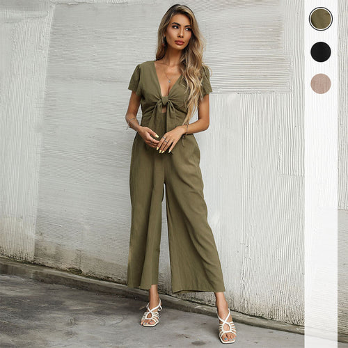 Damen eleganter Jumpsuit mit hochgeschlossenem Dekolleté und Knoten-Detail Drune