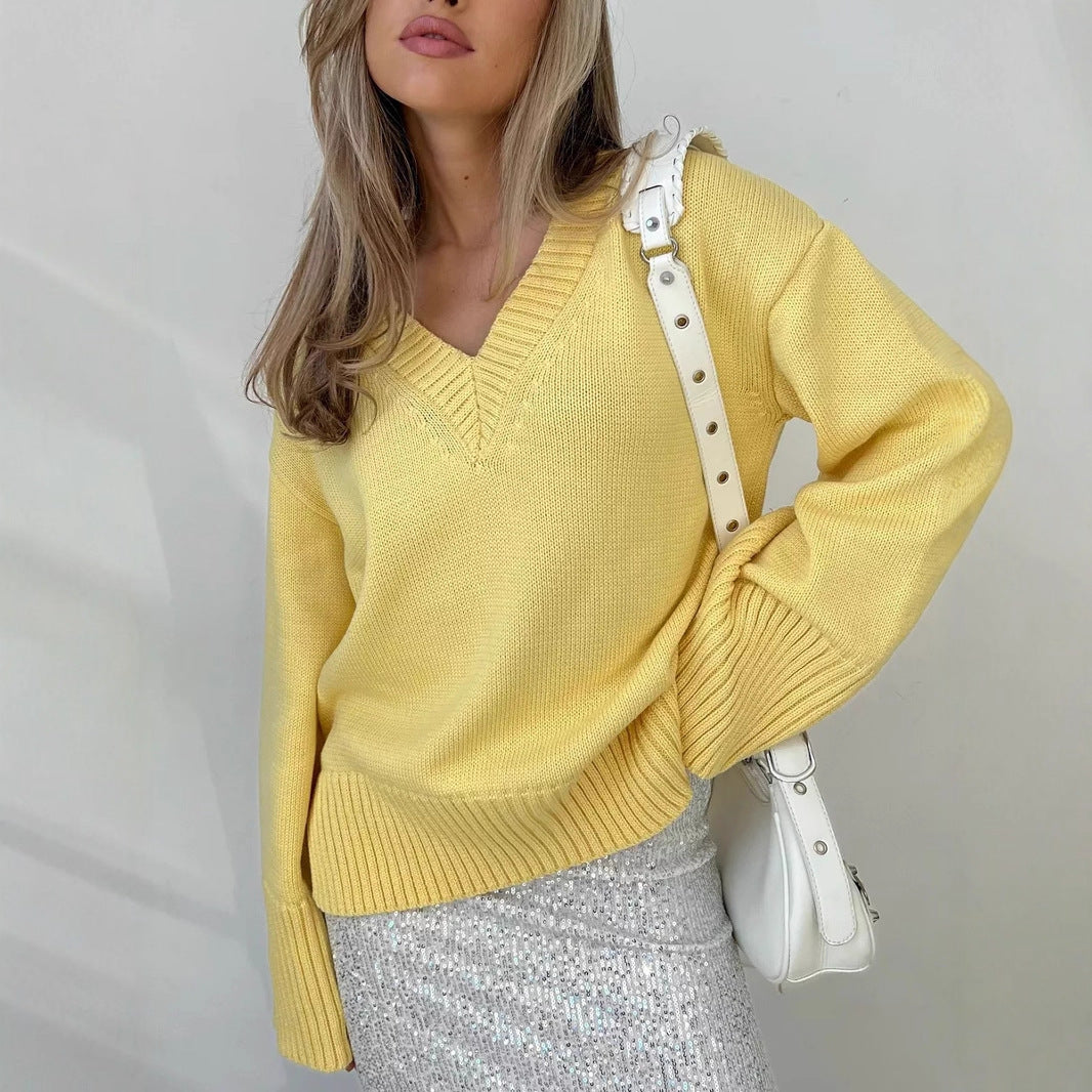Damen nan oversized Feinstrickpullover mit tiefem V-Ausschnitt, gerippten Bündchen und lockerer Silhouette Drune