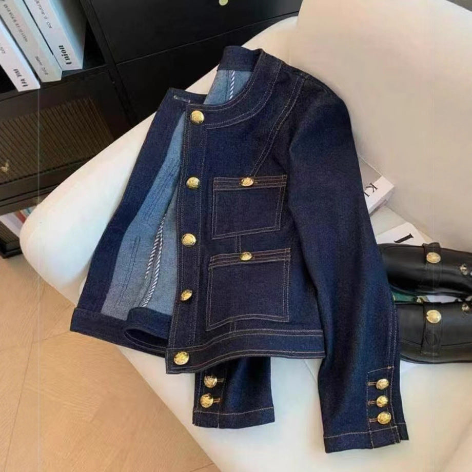 Damen modische Jeansjacke mit goldenen Knopfdetails Drune