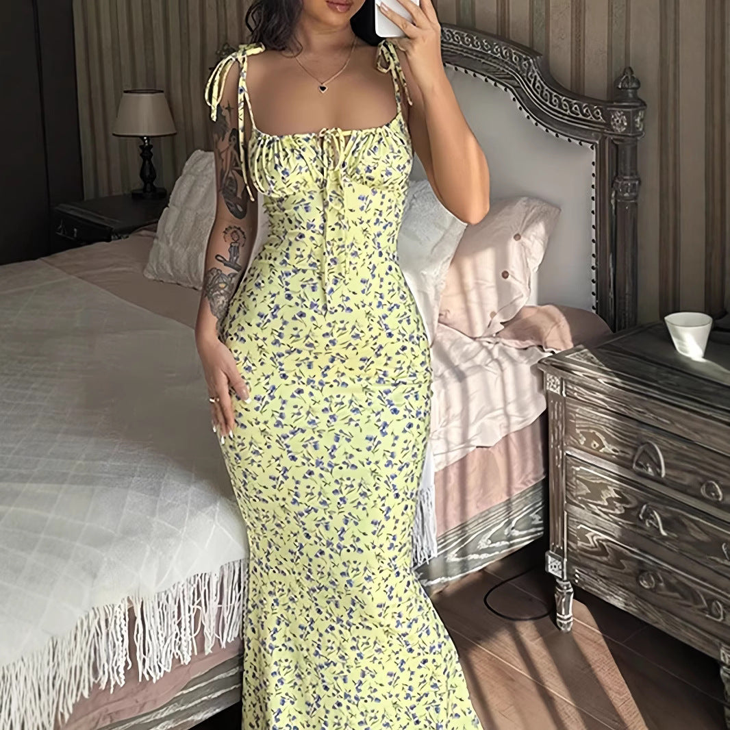 Damen Blumenmuster Maxikleid mit Figurbetontem Schnitt und Spaghetti-Trägern Drune