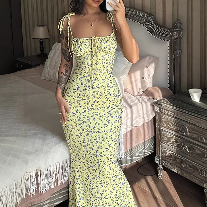 Damen Blumenmuster Maxikleid mit Figurbetontem Schnitt und Spaghetti-Trägern Drune