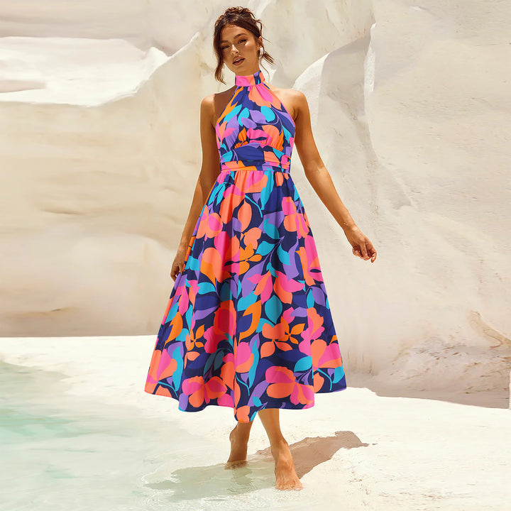Damen Maxikleid mit hochgeschlossenem Kragen und buntem Blätterdruck Drune