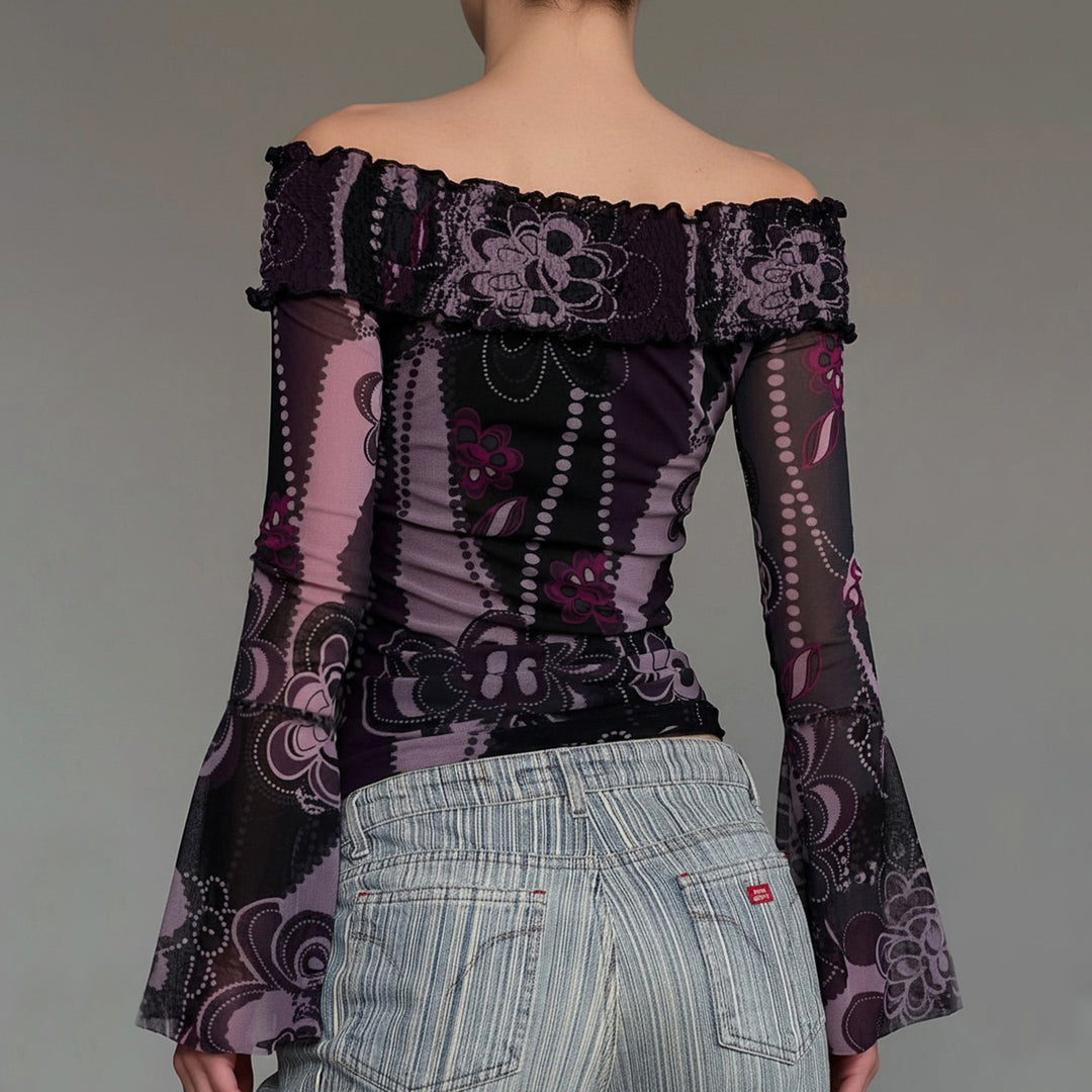 Damen Off-Shoulder Bluse mit eleganten Rüschendetails und weiten Ärmeln Drune