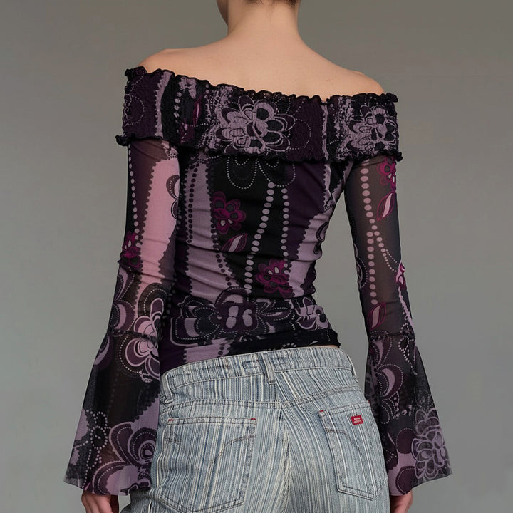 Damen Off-Shoulder Bluse mit eleganten Rüschendetails und weiten Ärmeln Drune