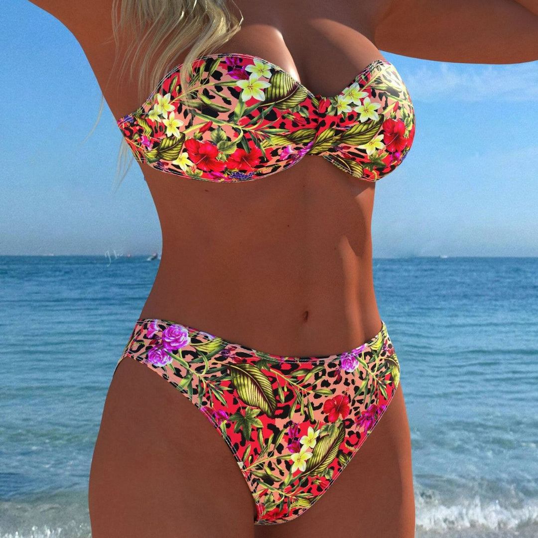 Damen Bandeau-Bikini mit floralem Muster und hohem Beinausschnitt Drune