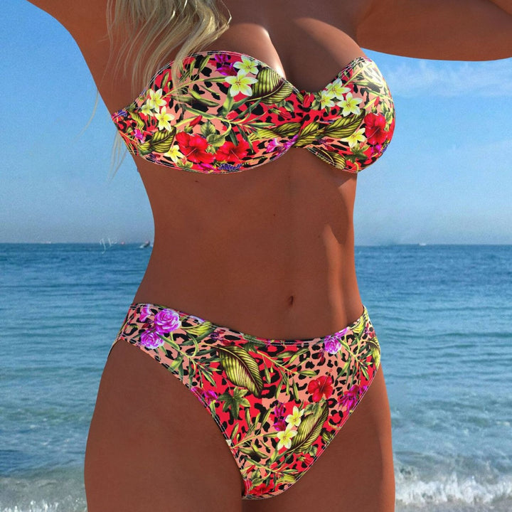 Damen Bandeau-Bikini mit floralem Muster und hohem Beinausschnitt Drune