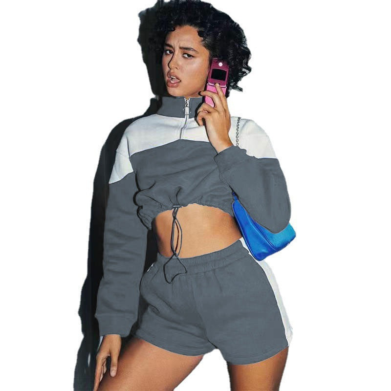 Damen sportliches Zweiteiler-Set mit cropped Jacke und Shorts Drune