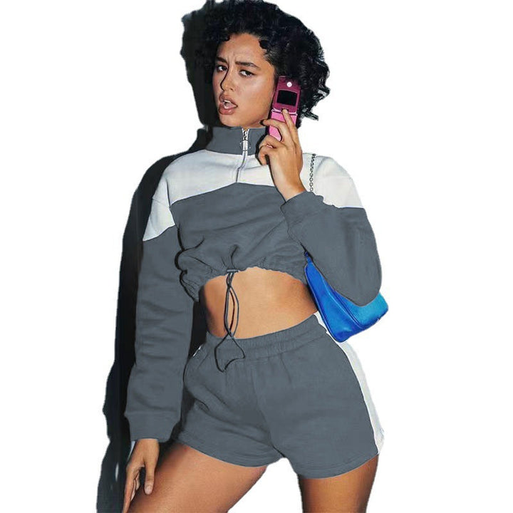 Damen sportliches Zweiteiler-Set mit cropped Jacke und Shorts Drune