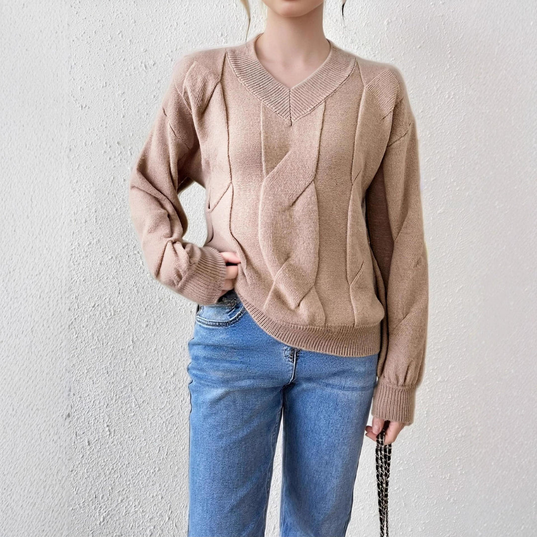 Damen Strickpullover mit modernem Zopfmuster und V-Ausschnitt Drune