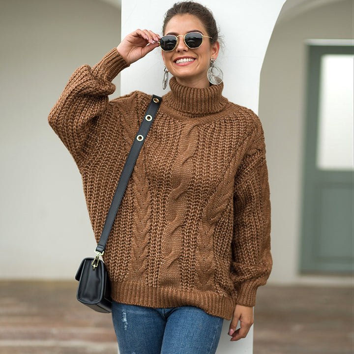 Damen Grobstrick-Pullover mit hohem Kragen und Zopfmuster Drune