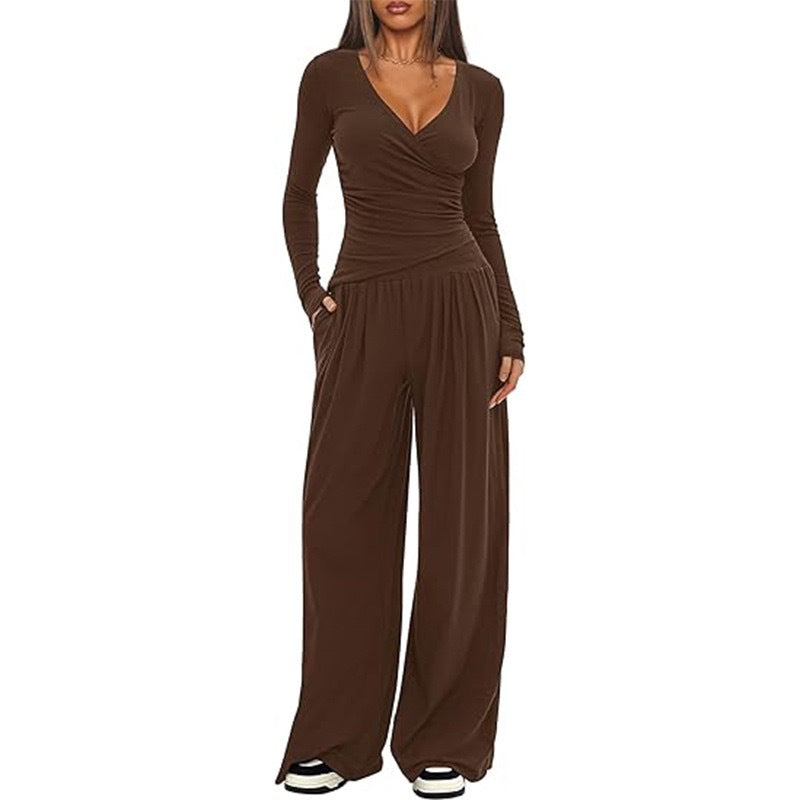 Damen Eleganter Wickel-Jumpsuit mit weitem Bein und modischen Details Drune