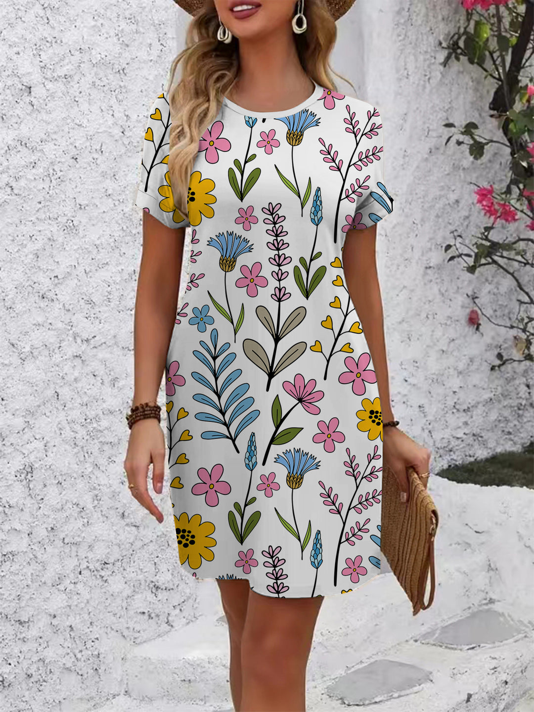 Damen lässiges T-Shirt Kleid mit buntem Blumenmuster und bequemem Schnitt Drune