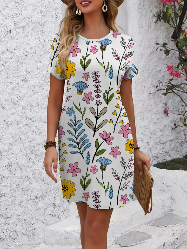 Damen lässiges T-Shirt Kleid mit buntem Blumenmuster und bequemem Schnitt Drune