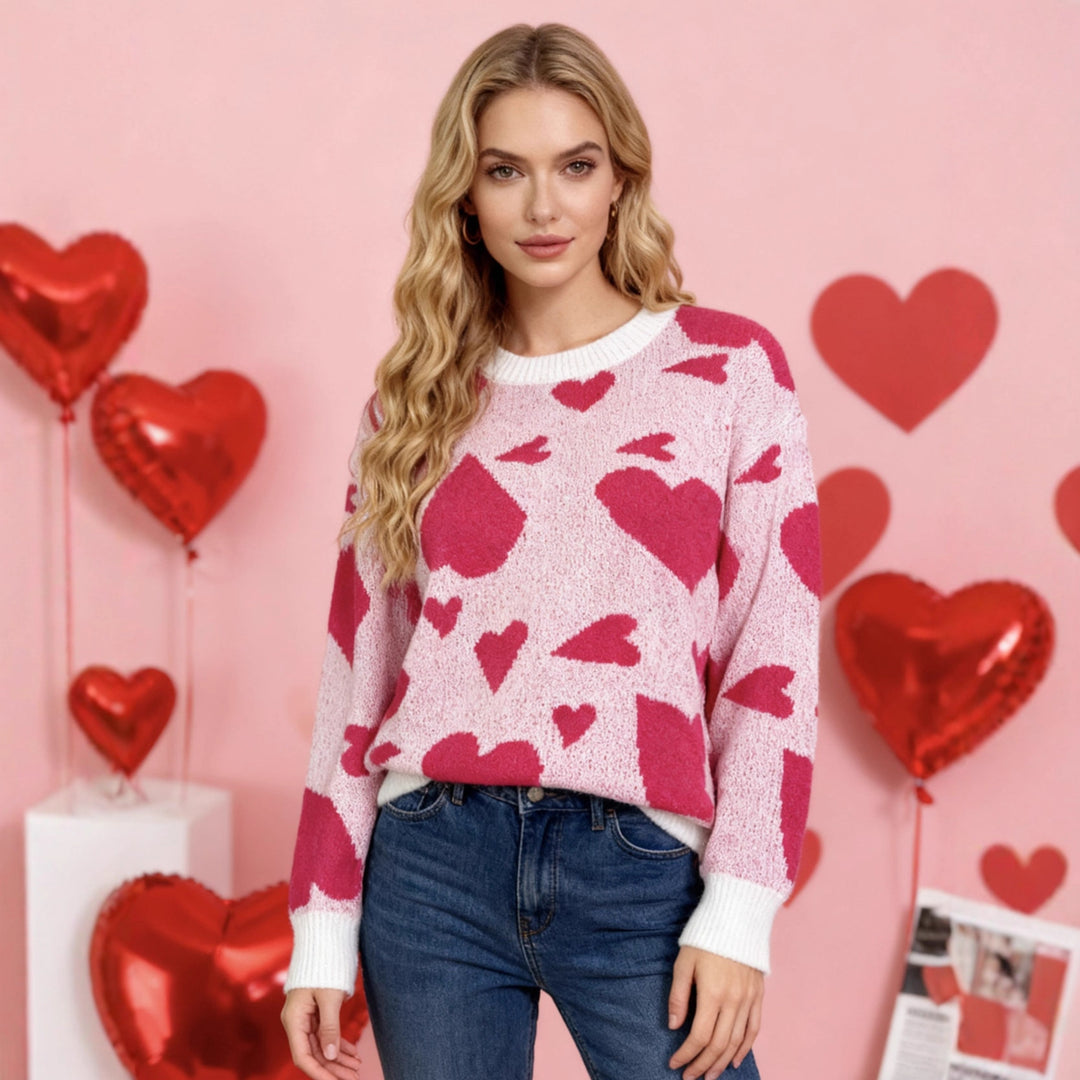 Damen verspielter Pullover mit Herzmotiven Drune