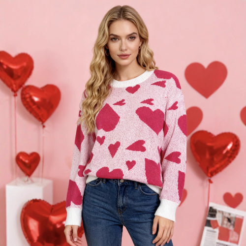 Damen verspielter Pullover mit Herzmotiven Drune