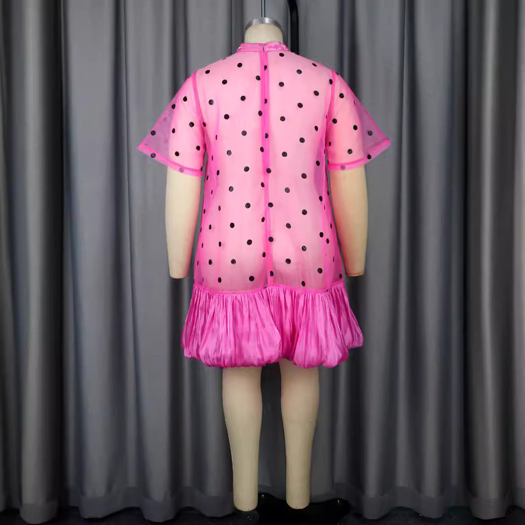 Damen durchsichtiger Polka-Dot Mini-Kleid mit Rüschensaum Drune