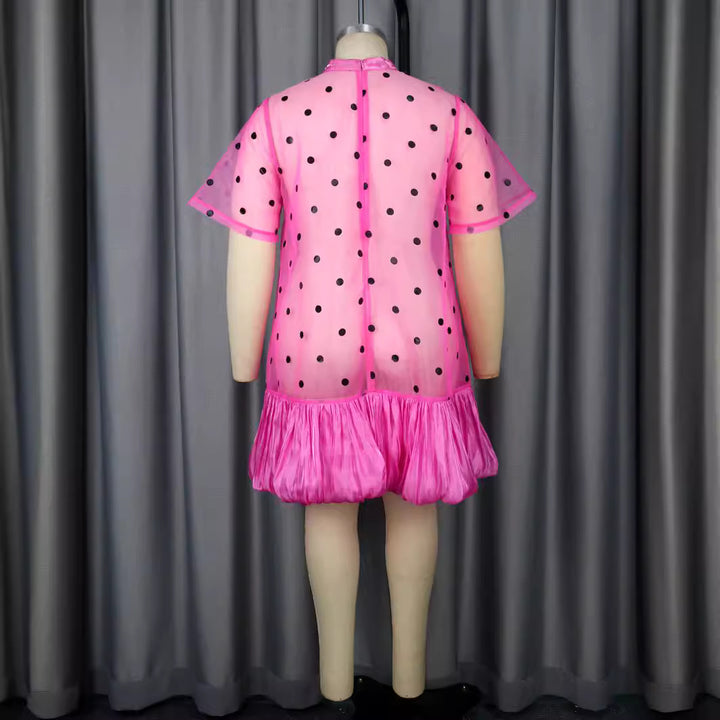 Damen durchsichtiger Polka-Dot Mini-Kleid mit Rüschensaum Drune