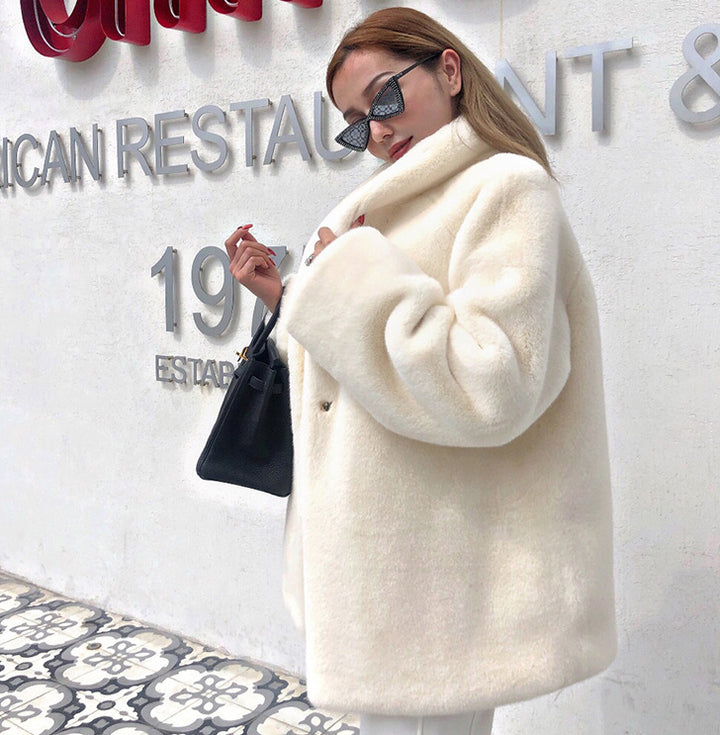 Damen kuschelige Oversized-Jacke aus Plüsch mit breitem Kragen Drune