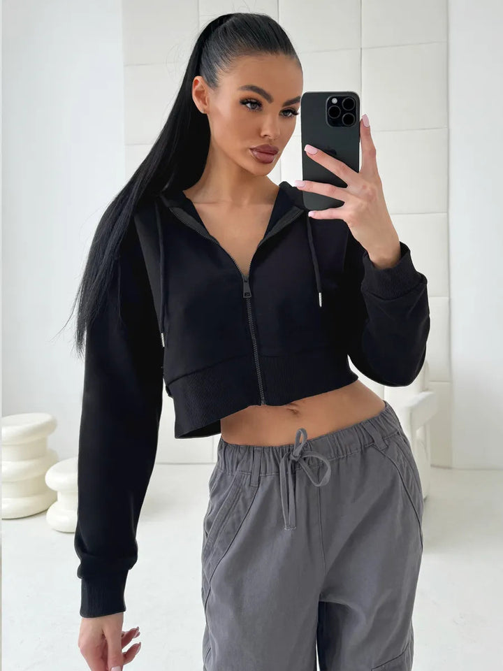 Damen Sportliches cropped Zip-Hoodie mit Kängurutasche und weiten Ärmeln Drune