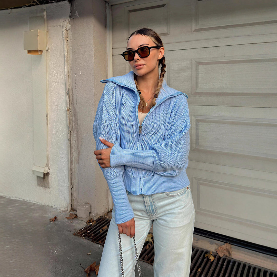 Damen kuschelige Strickjacke mit hohem Kragen und Reißverschluss Drune