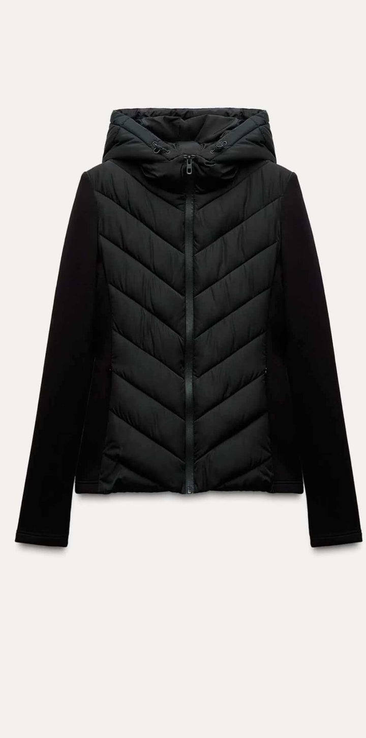 Damen nan gesteppte Kapuzenjacke mit Chevron‑Stepp, Einsätzen aus Softshell und verdecktem Reißverschluss Drune