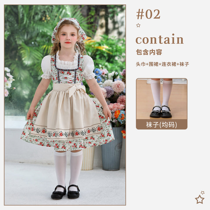 Damen nan traditionelles Dirndlkleid für Mädchen mit bestickter Schürze, Rüschenkragen und passendem Kopftuch Drune
