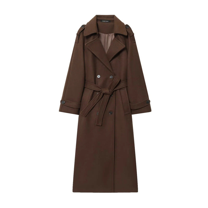 Damen Eleganter Wolltrenchcoat mit doppelter Knopfleiste und Taillengürtel Drune