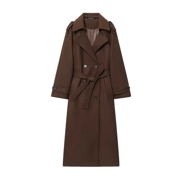 Damen Eleganter Wolltrenchcoat mit doppelter Knopfleiste und Taillengürtel Drune