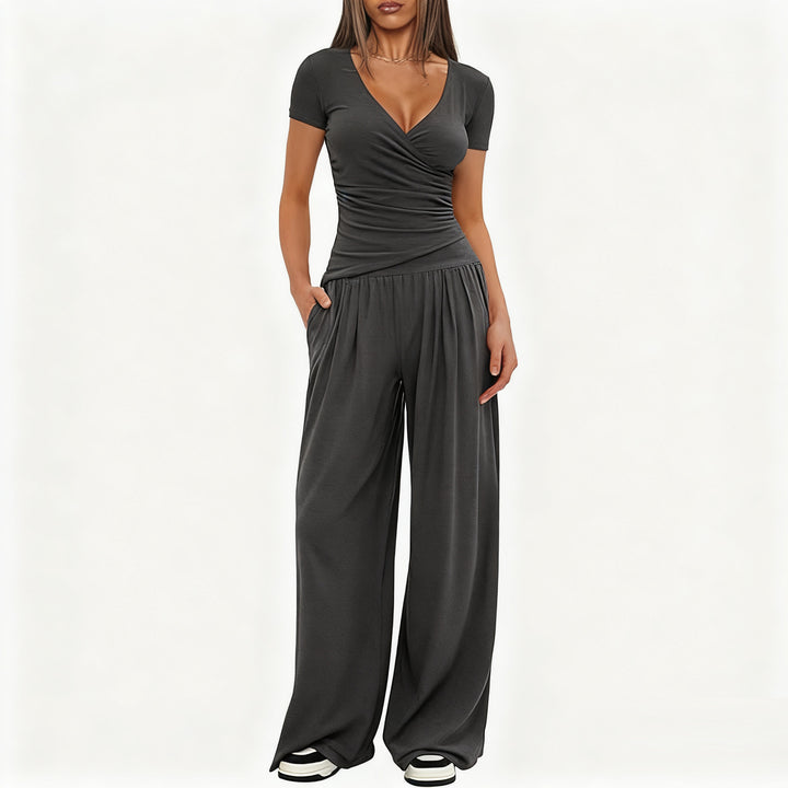 Damen Eleganter Wickel-Jumpsuit mit weitem Bein und modischen Details Drune
