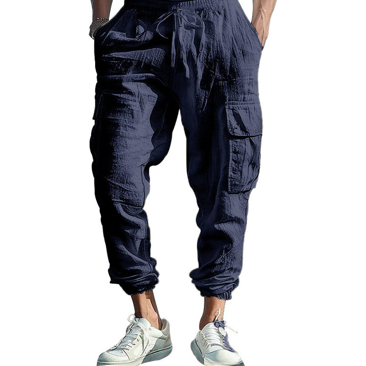 Herren nan lässige Cargohose im Joggerstil mit Crinkle-Leinenoptik Kordelbund und Mehrfachtaschen Drune