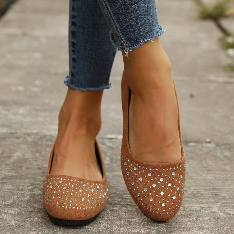 Damen nan flache Ballerina-Slipper aus Veloursimitat mit Strassapplikation und gepolsterter Komfortinnensohle Drune